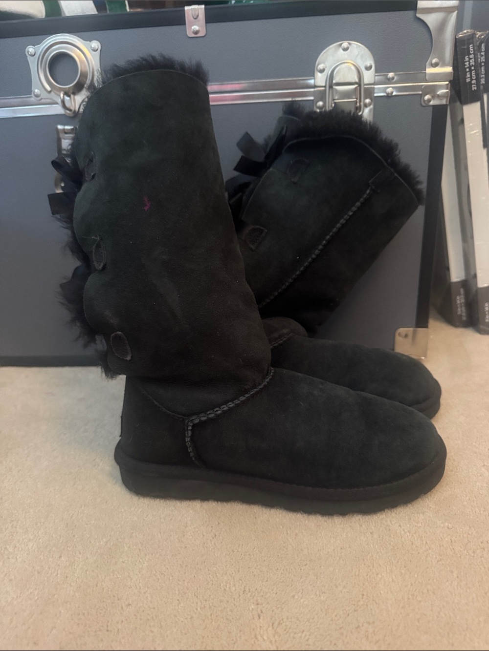 UGG Black Suede Shearling Tall Button Boots